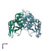 PDB entry 2qsx coloured by chain, top view.