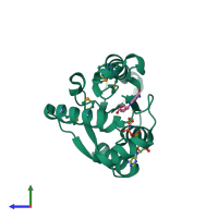 PDB entry 2qt0 coloured by chain, side view.