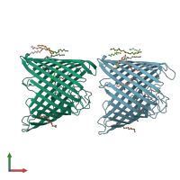 PDB entry 2qtk coloured by chain, front view.
