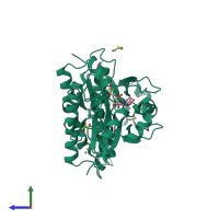 Homo dimeric assembly 1 of PDB entry 2qtn coloured by chemically distinct molecules, side view.