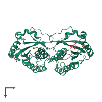 Homo dimeric assembly 1 of PDB entry 2qtn coloured by chemically distinct molecules, top view.