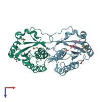 PDB entry 2qtn coloured by chain, top view.
