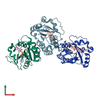 PDB entry 2qtr coloured by chain, front view.