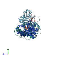 PDB entry 2qtr coloured by chain, side view.