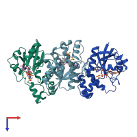 PDB entry 2qtr coloured by chain, top view.