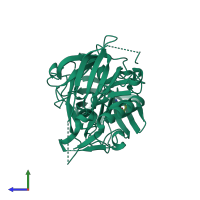 PDB entry 2qu2 coloured by chain, side view.