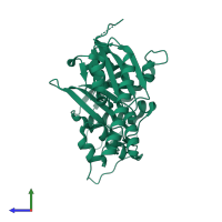 PDB entry 2qu4 coloured by chain, side view.