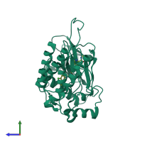 PDB entry 2qu5 coloured by chain, side view.