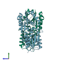 PDB entry 2qu7 coloured by chain, side view.