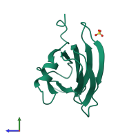 PDB entry 2quo coloured by chain, side view.