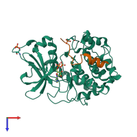 Hetero dimeric assembly 1 of PDB entry 2qur coloured by chemically distinct molecules, top view.