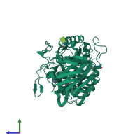 Monomeric assembly 1 of PDB entry 2qv4 coloured by chemically distinct molecules, side view.