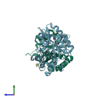 PDB entry 2qv5 coloured by chain, side view.