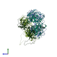 PDB entry 2qvj coloured by chain, side view.