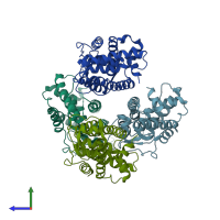 PDB entry 2qw4 coloured by chain, side view.