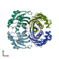 PDB entry 2qwz coloured by chain, front view.