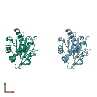 PDB entry 2qxt coloured by chain, front view.