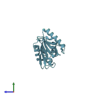 PDB entry 2qxt coloured by chain, side view.