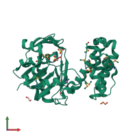 PDB entry 2qyt coloured by chain, front view.