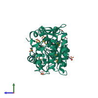 PDB entry 2qyt coloured by chain, side view.