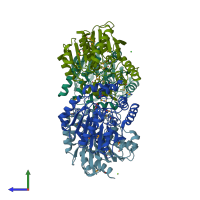 PDB entry 2r11 coloured by chain, side view.