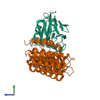 Hetero dimeric assembly 1 of PDB entry 2r17 coloured by chemically distinct molecules, side view.