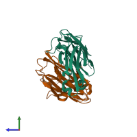 PDB entry 2r2e coloured by chain, side view.