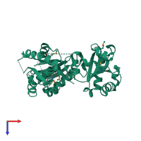 Monomeric assembly 1 of PDB entry 2r2j coloured by chemically distinct molecules, top view.