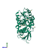 PDB entry 2r2j coloured by chain, side view.