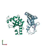 PDB entry 2r2q coloured by chain, front view.