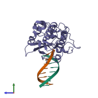 PDB entry 2r2t coloured by chain, side view.