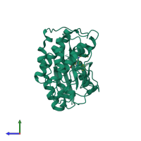 Monomeric assembly 1 of PDB entry 2r3r coloured by chemically distinct molecules, side view.