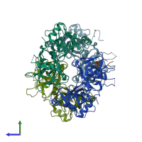PDB entry 2r9q coloured by chain, side view.