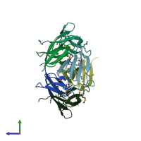 PDB entry 2ra2 coloured by chain, side view.