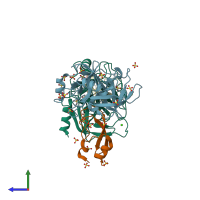 PDB entry 2ra3 coloured by chain, side view.