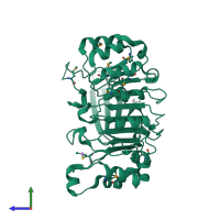 PDB entry 2ra8 coloured by chain, side view.