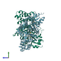 PDB entry 2rad coloured by chain, side view.