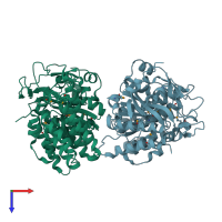 PDB entry 2rad coloured by chain, top view.