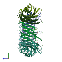 PDB entry 2raq coloured by chain, side view.