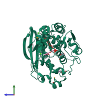 PDB entry 2rau coloured by chain, side view.