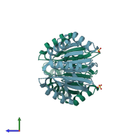 PDB entry 2rb4 coloured by chain, side view.
