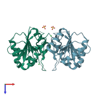 PDB entry 2rb4 coloured by chain, top view.