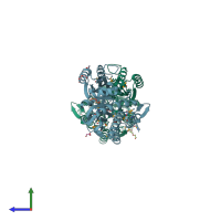 PDB entry 2rb7 coloured by chain, side view.