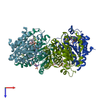 PDB entry 2rbe coloured by chain, top view.