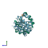 PDB entry 2rbg coloured by chain, side view.