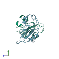 PDB entry 2rbi coloured by chain, side view.