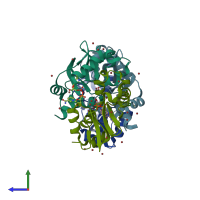 PDB entry 2rc3 coloured by chain, side view.