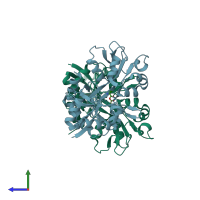 PDB entry 2rc9 coloured by chain, side view.