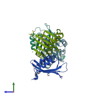 PDB entry 2rcd coloured by chain, side view.
