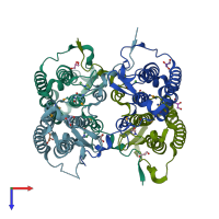 PDB entry 2rd9 coloured by chain, top view.